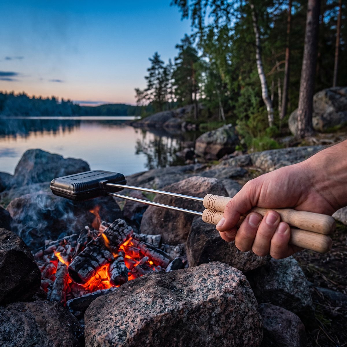 Hand som håller ett smörgåsjärn i gjutjärn med träskaft över glöd vid en svensk sjö i skymning