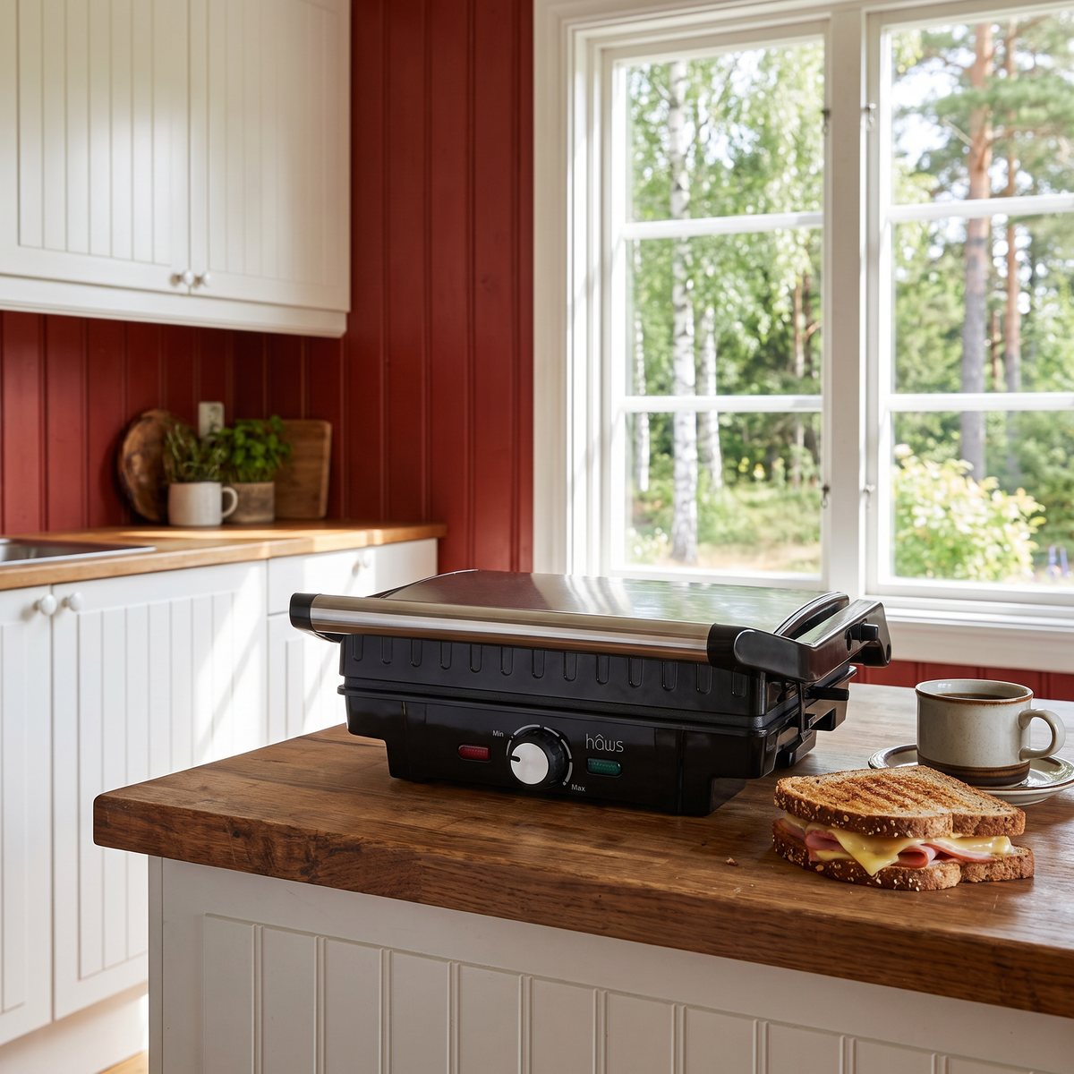 Hâws Falster paninigrill stängd på en köksö i ett svenskt sommarstugekök med macka och kaffekopp bredvid
