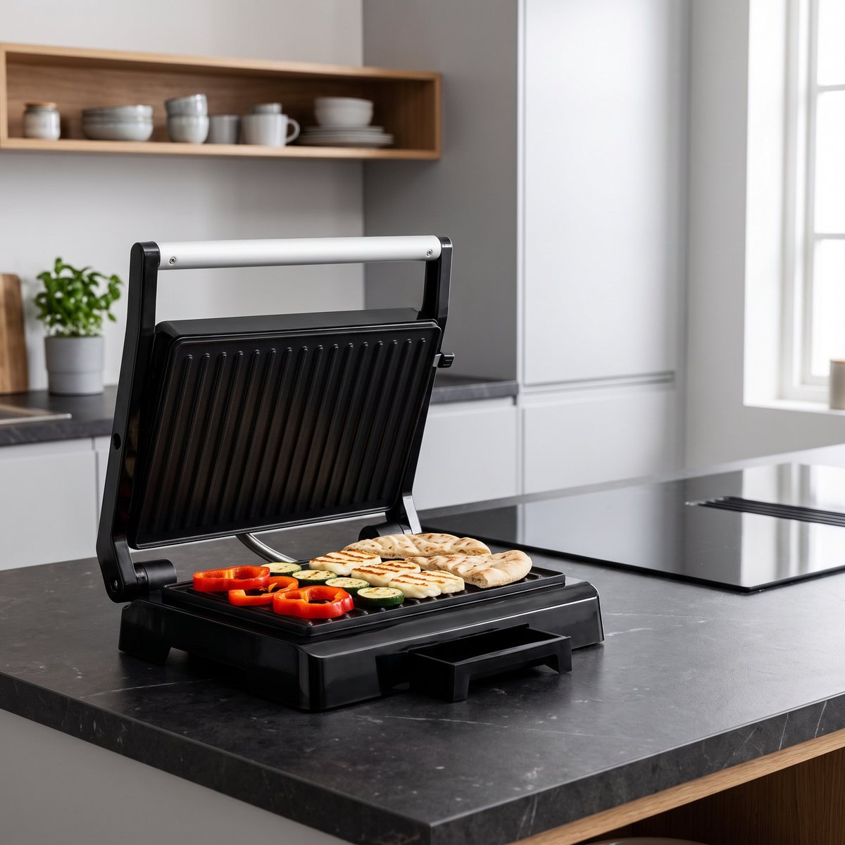 OBH Nordica Onyx paninigrill uppfälld på en mörk bänk i ett svenskt kök med halloumi och grönsaker på nedre plattan