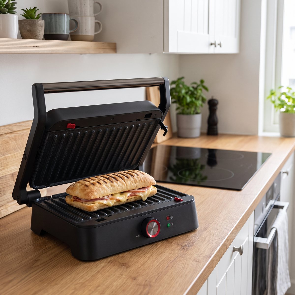 Princess Kontaktgrill med en skinkmacka som grillas på nedre plattan på en köksbänk i ett svenskt kök