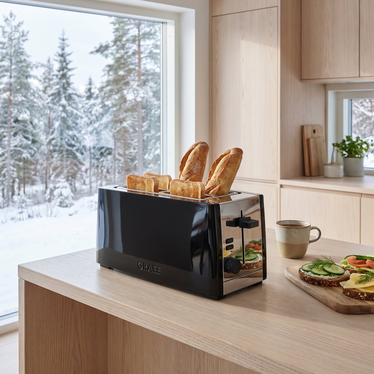 Svart Graef-brödrost med långa fack och rostat bröd på en köksö i ett svenskt hem med vinterskog utanför
