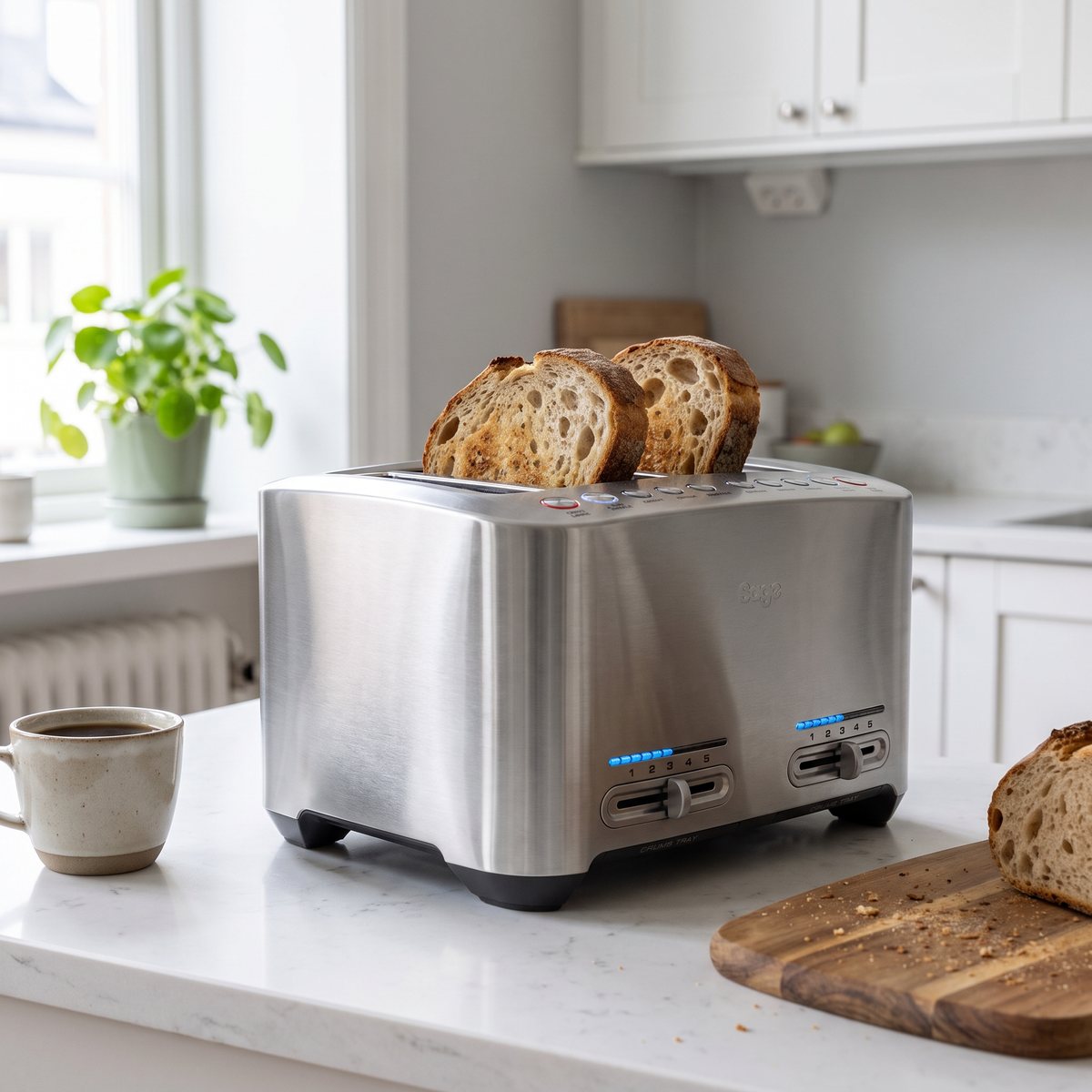 Sage The Smart Toast i borstat stål med rostat surdegsbröd på en bänk i ett ljust svenskt kök