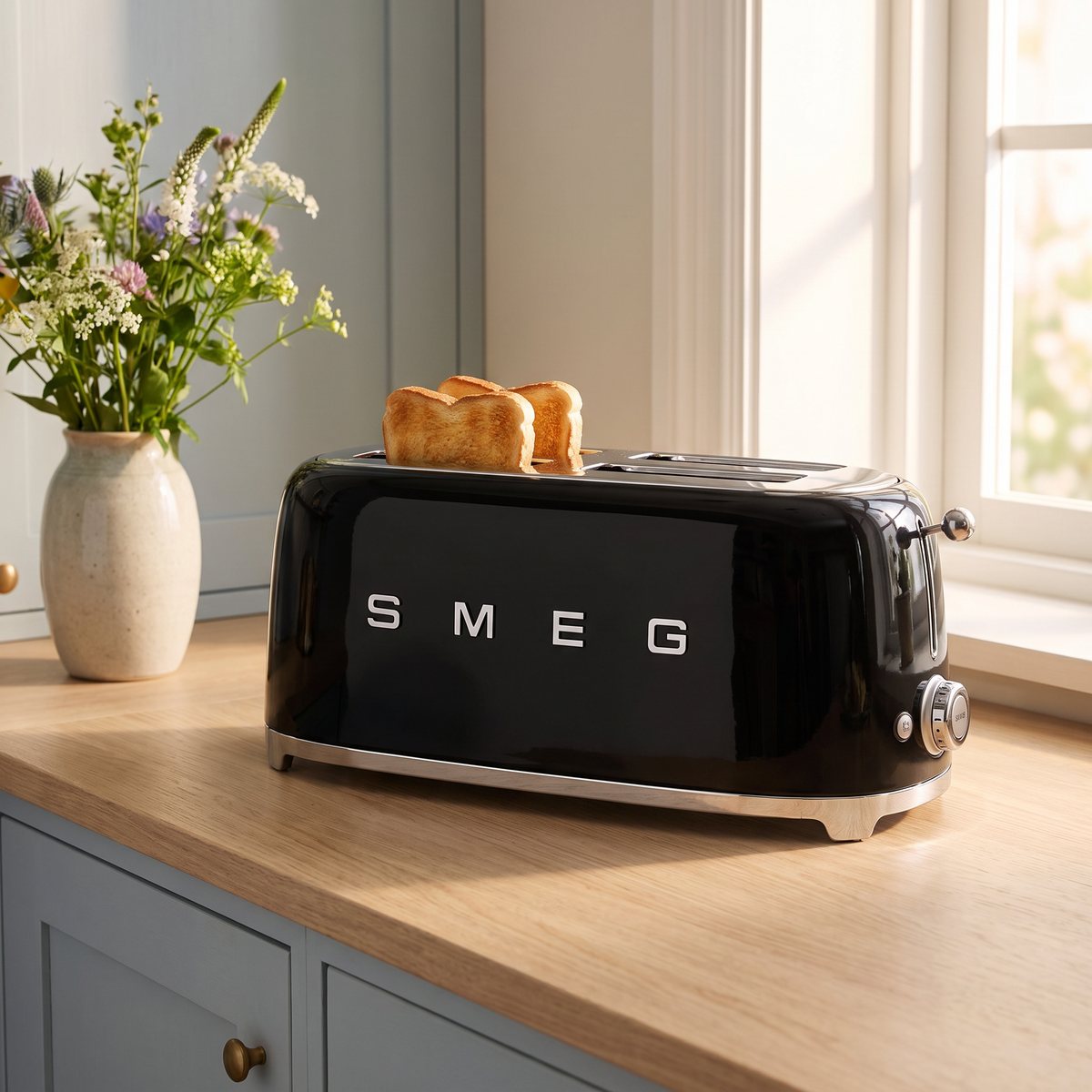 Svart Smeg-brödrost i 50-talsstil med rostat bröd på en bänk i ett svenskt kök med blågrå luckor