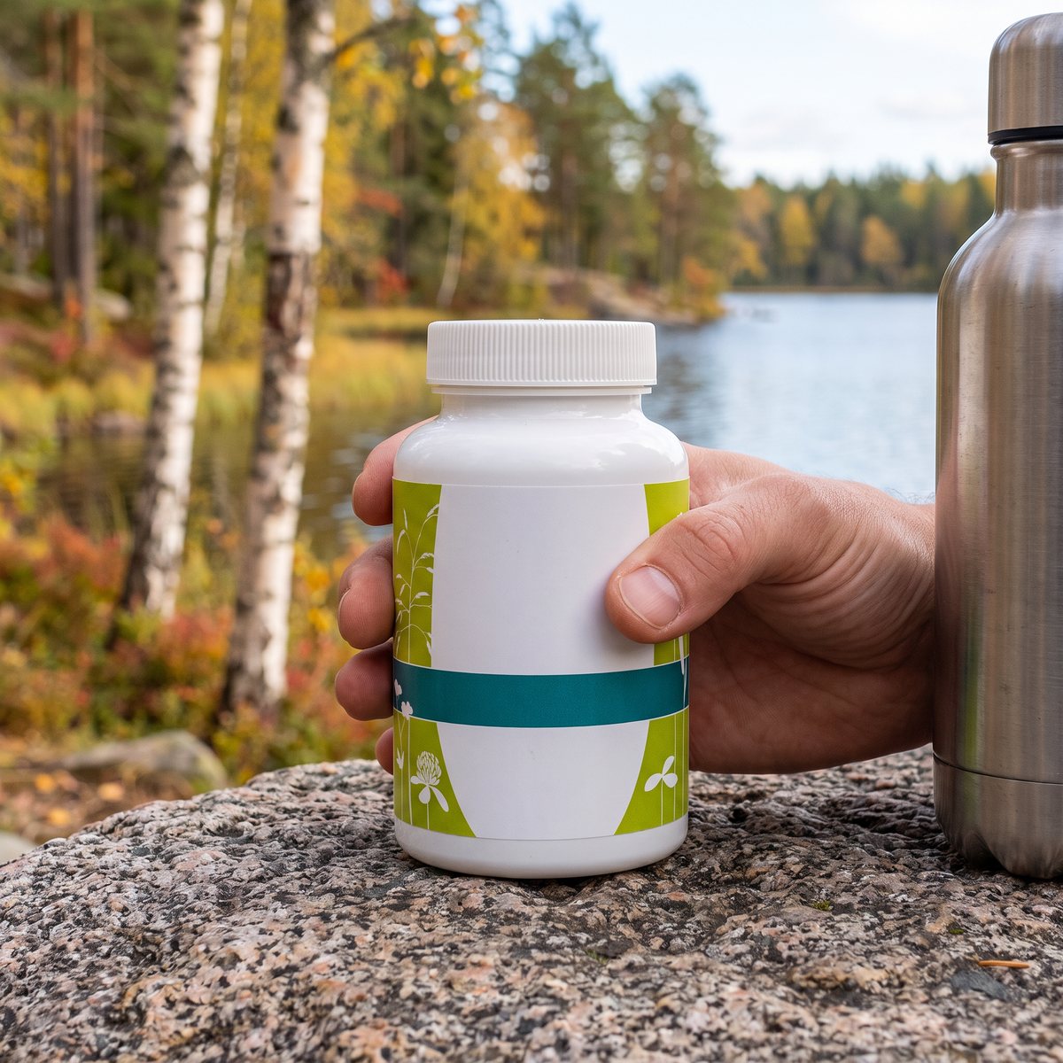 Alpha Plus Jättenattljusolja hållen i handen på en granitklippa vid en svensk skogssjö på hösten, med björkar och tallar bakom