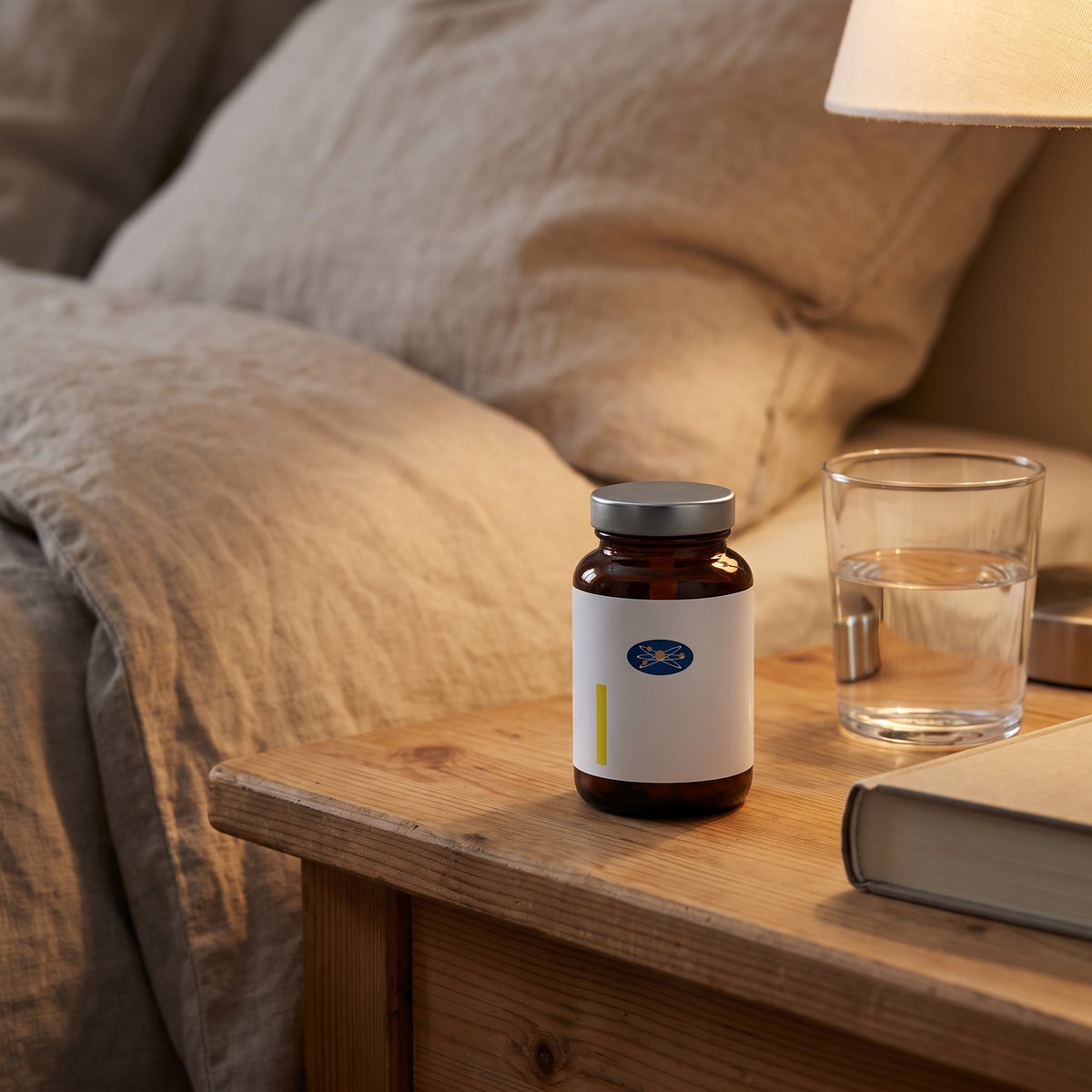 BioCare Jättenattljusolja i brun glasburk på ett nattduksbord i furu i ett svenskt sovrum, med glas vatten och en bok