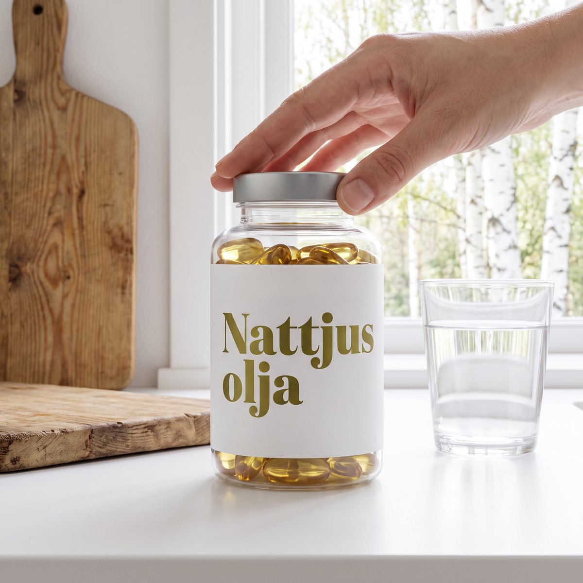 BioSalma Nattljusolja i glasklar burk på en vit köksbänk vid ett fönster med björkar, med en hand på locket och ett glas vatten