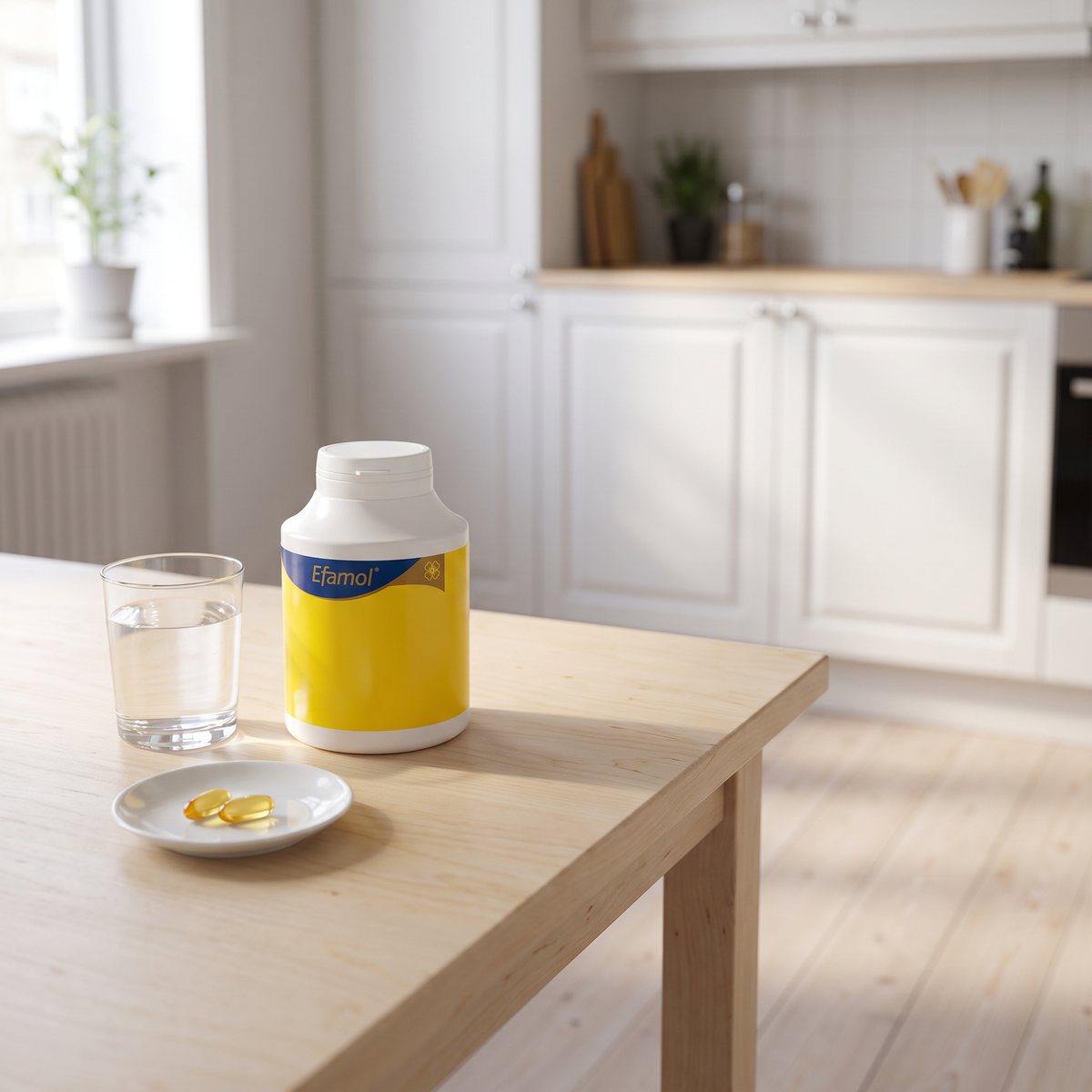 Efamol Nattljusolja i gul burk på ett ljust träbord i ett svenskt kök, bredvid ett glas vatten och två kapslar