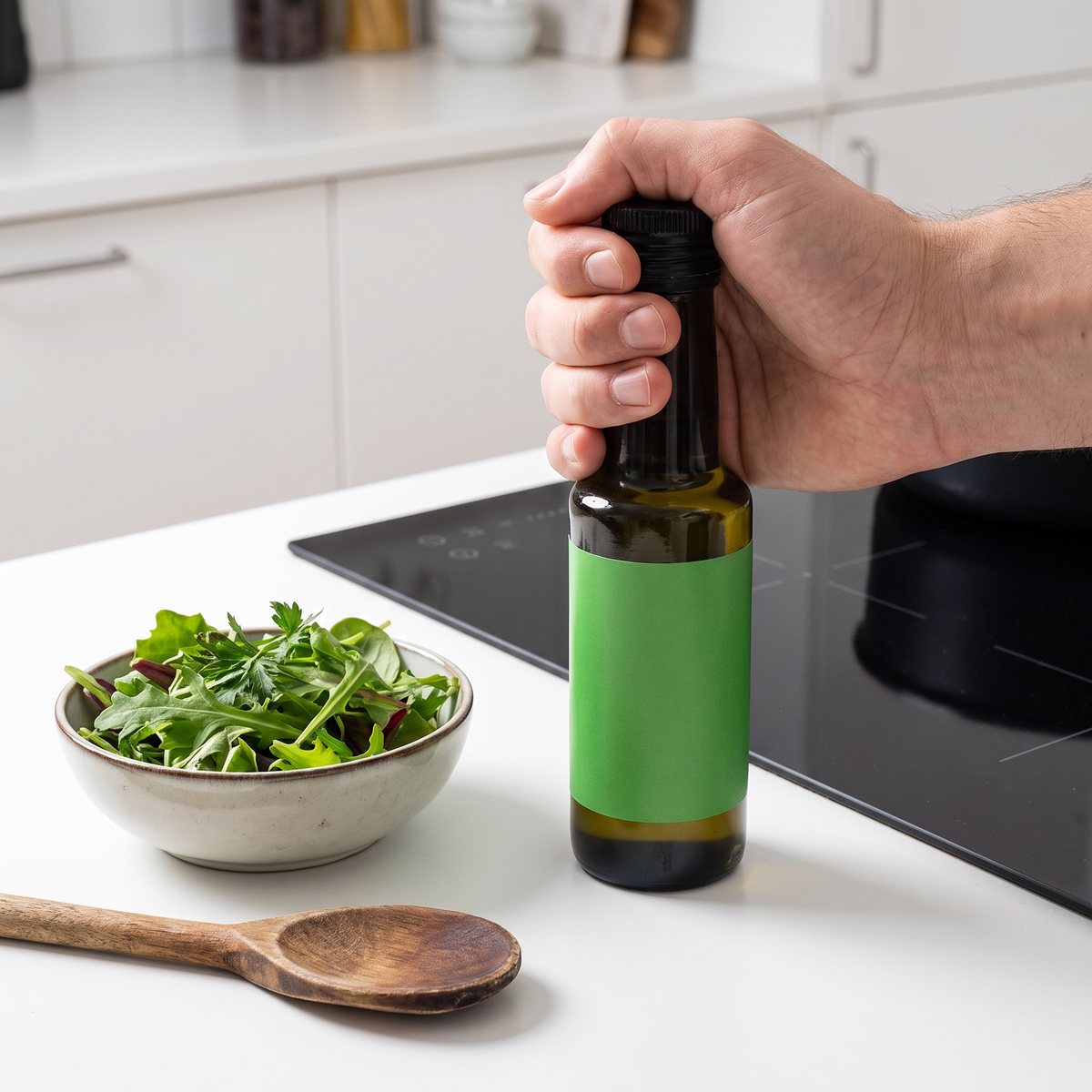 Healthwell GLA Jättenattljusolja Eko i grön glasflaska på en vit köksbänk bredvid en skål sallad, med en hand runt flaskans hals