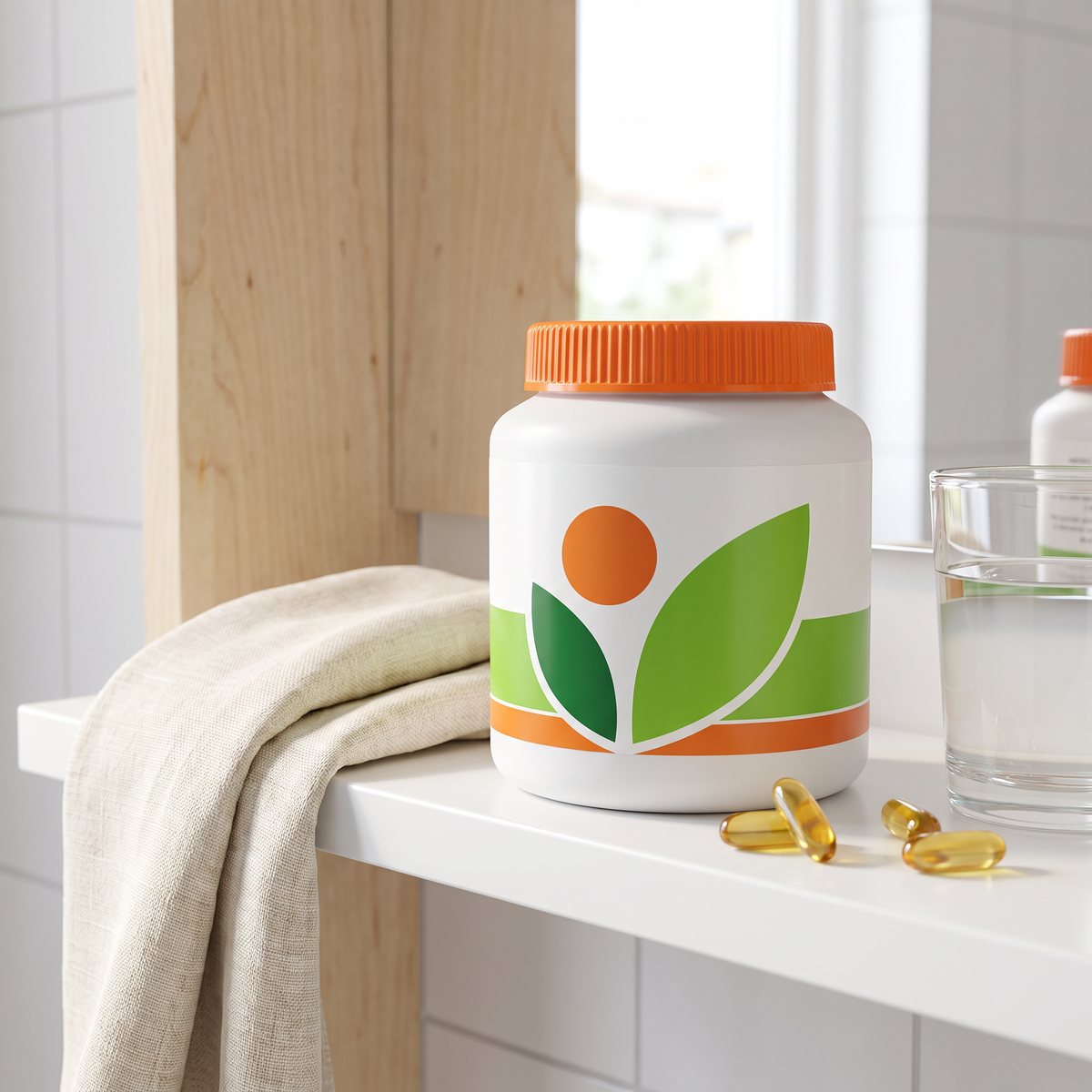 Topformula Evening Primrose Oil i vit burk med orange lock på en hylla i ett ljust svenskt badrum, med kapslar och ett glas vatten