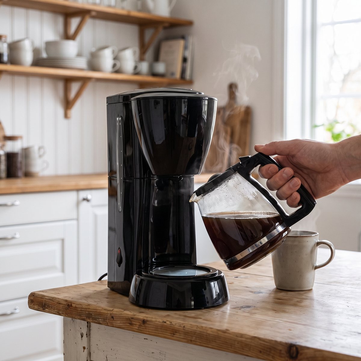 Melitta Single 5 med glaskanna och en hand som häller upp kaffe i en mugg vid ett björkbord i ett svenskt kök