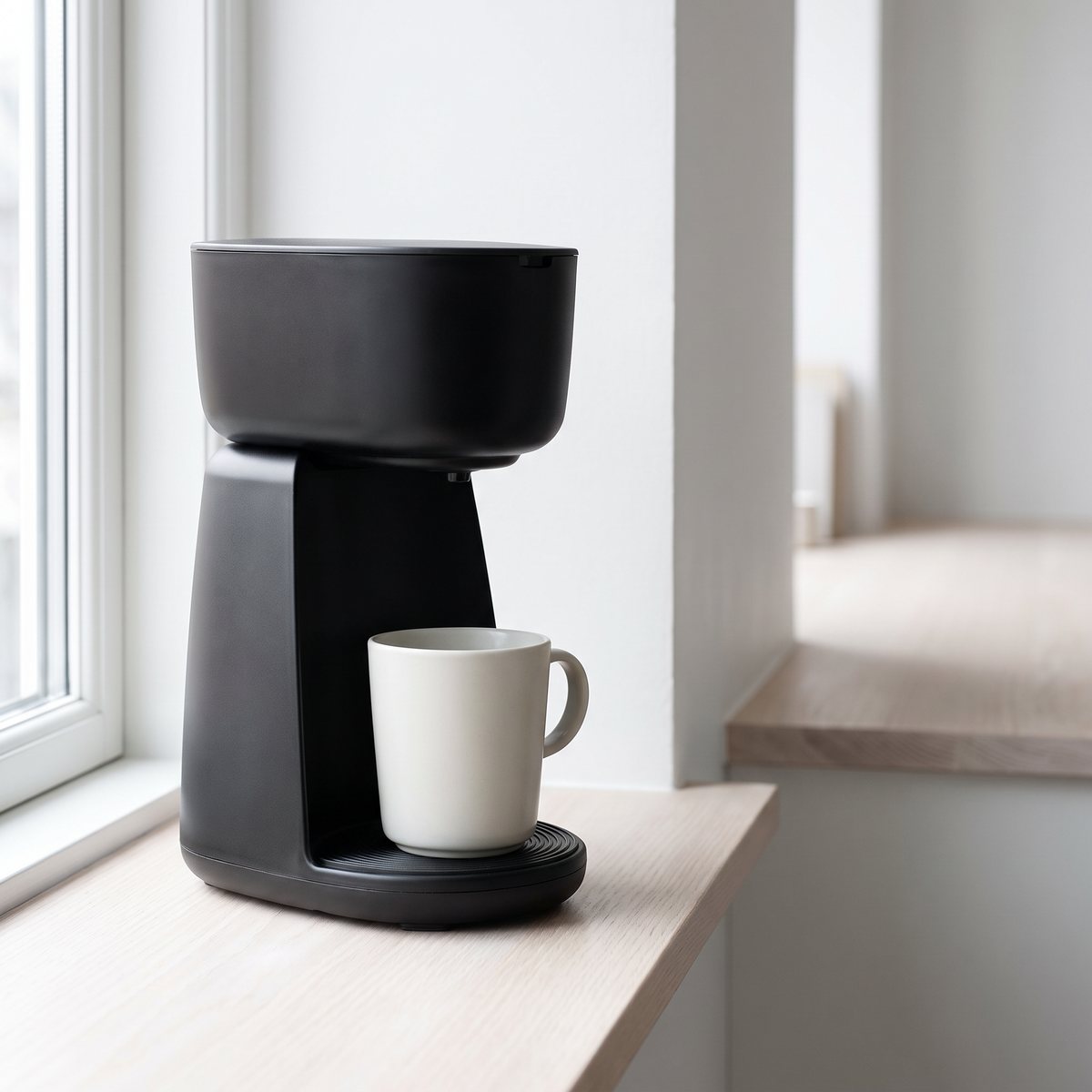 Rig-tig Foodie Single Cup med en mugg under pipen i ett minimalistiskt skandinaviskt hem
