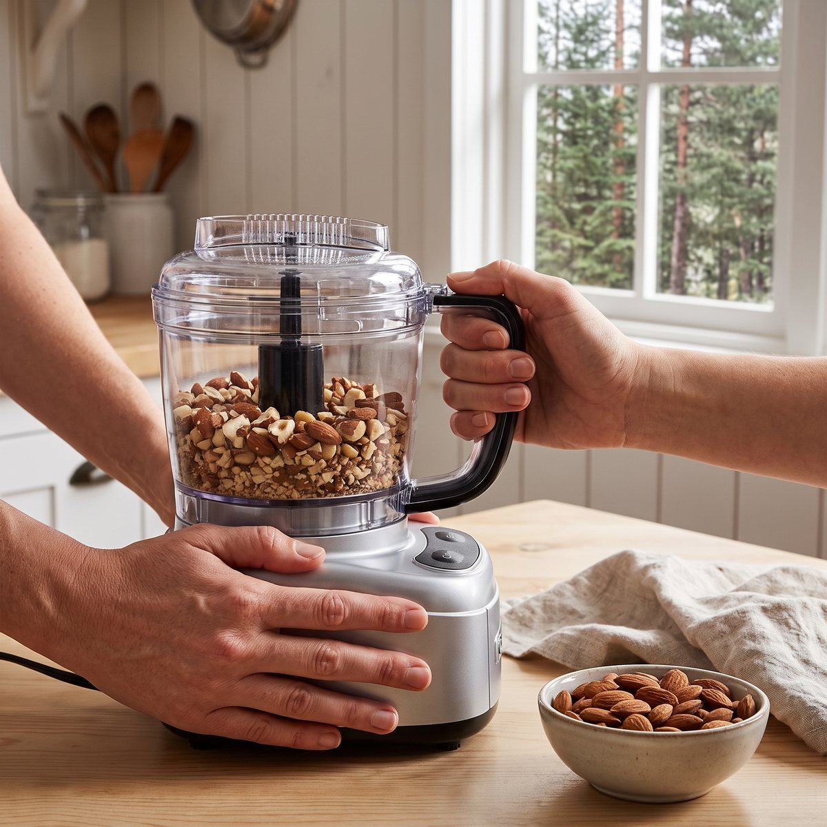 Silverfärgad Cuisinart Mini Prep Pro som hackar mandel på ett träbord i ett svenskt stugkök