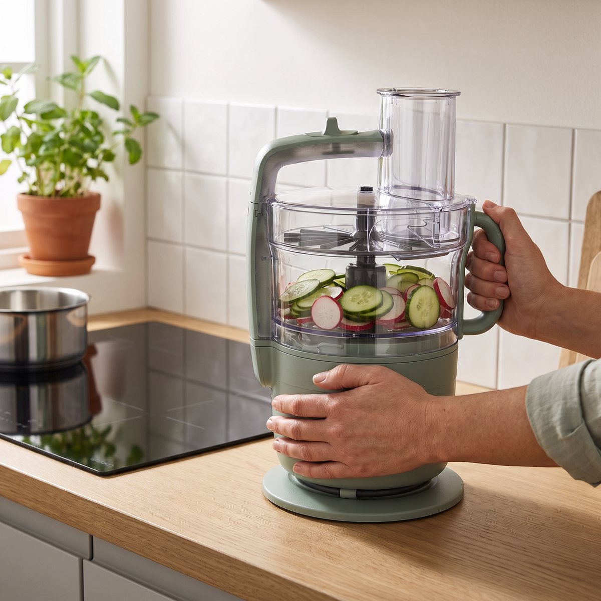 Salviagrön Kenwood FDP23.380.GR som skivar gurka och rädisor i ett svenskt kök med vitt kakel och induktionshäll