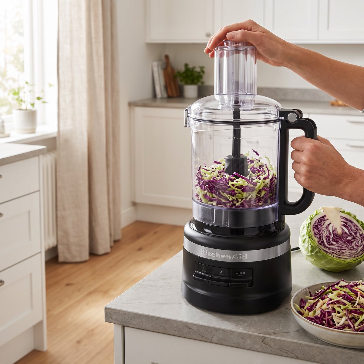 Svart KitchenAid 5KFP0921 som strimlar kål på en stenbänk i ett ljust svenskt kök