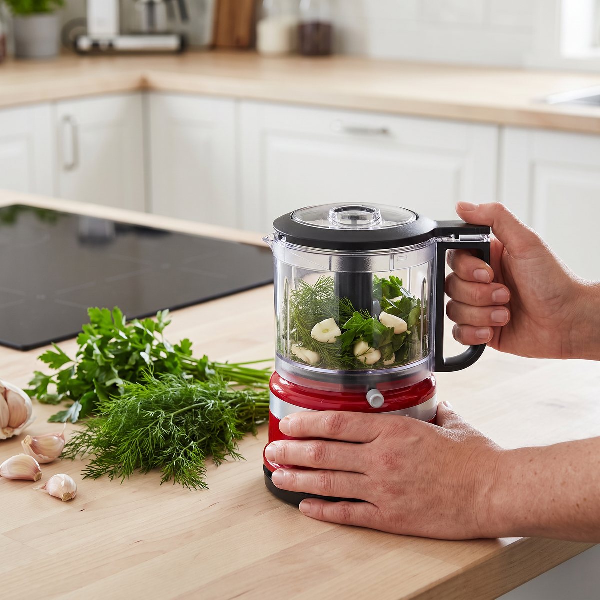Röd KitchenAid Mini 5KFC3516 som hackar dill, persilja och vitlök på en björkbänk i ett svenskt kök