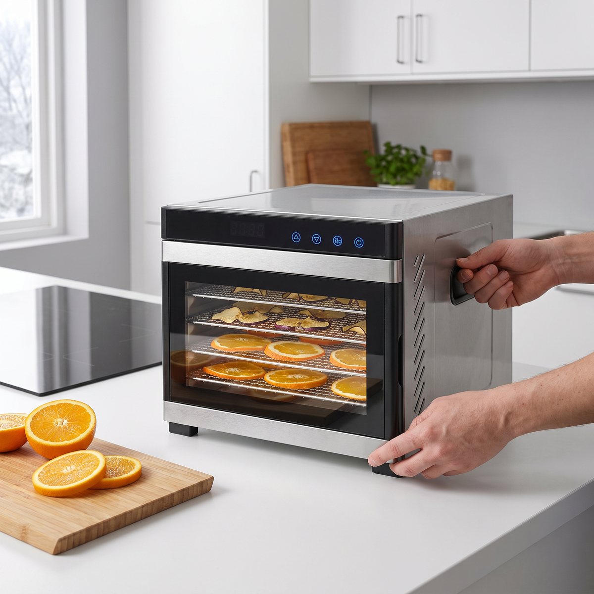 SousVideTools torkugn i rostfritt stål med apelsin- och äppelskivor på plåtarna, på en vit bänk i ett svenskt kök med induktionshäll