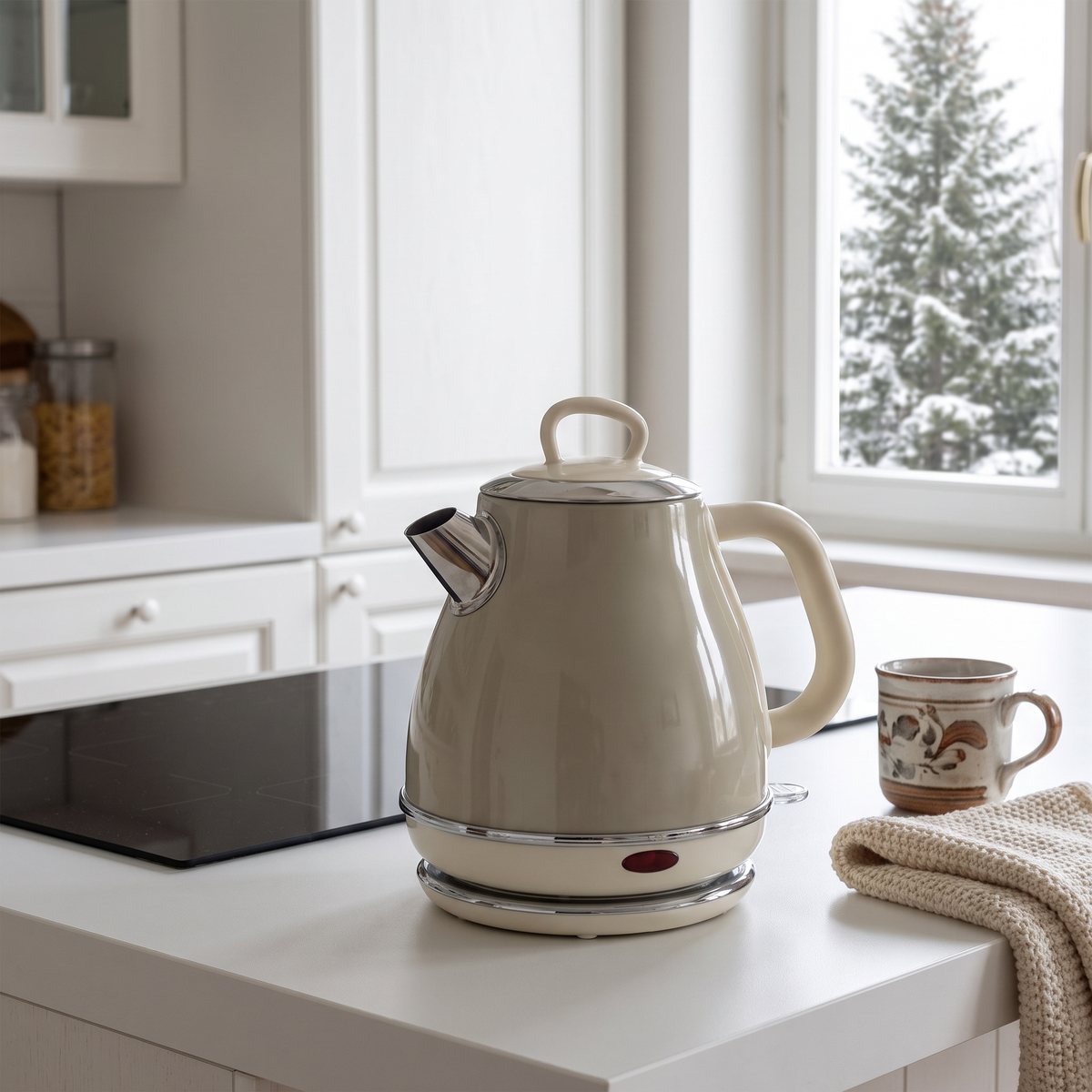 Ariete Vintage vattenkokare i beige på en köksbänk i ett svenskt lantkök med induktionshäll och en keramikmugg