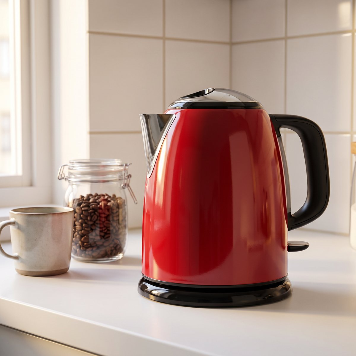 Röd Russell Hobbs Colours Plus Mini vattenkokare på en vit köksbänk i ett svenskt kök med kaffekopp och kaffebönor