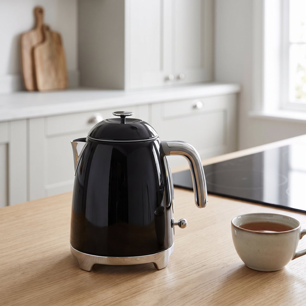 Svart Smeg KLF05 vattenkokare på en träbänk i ett svenskt kök med induktionshäll och en kopp te