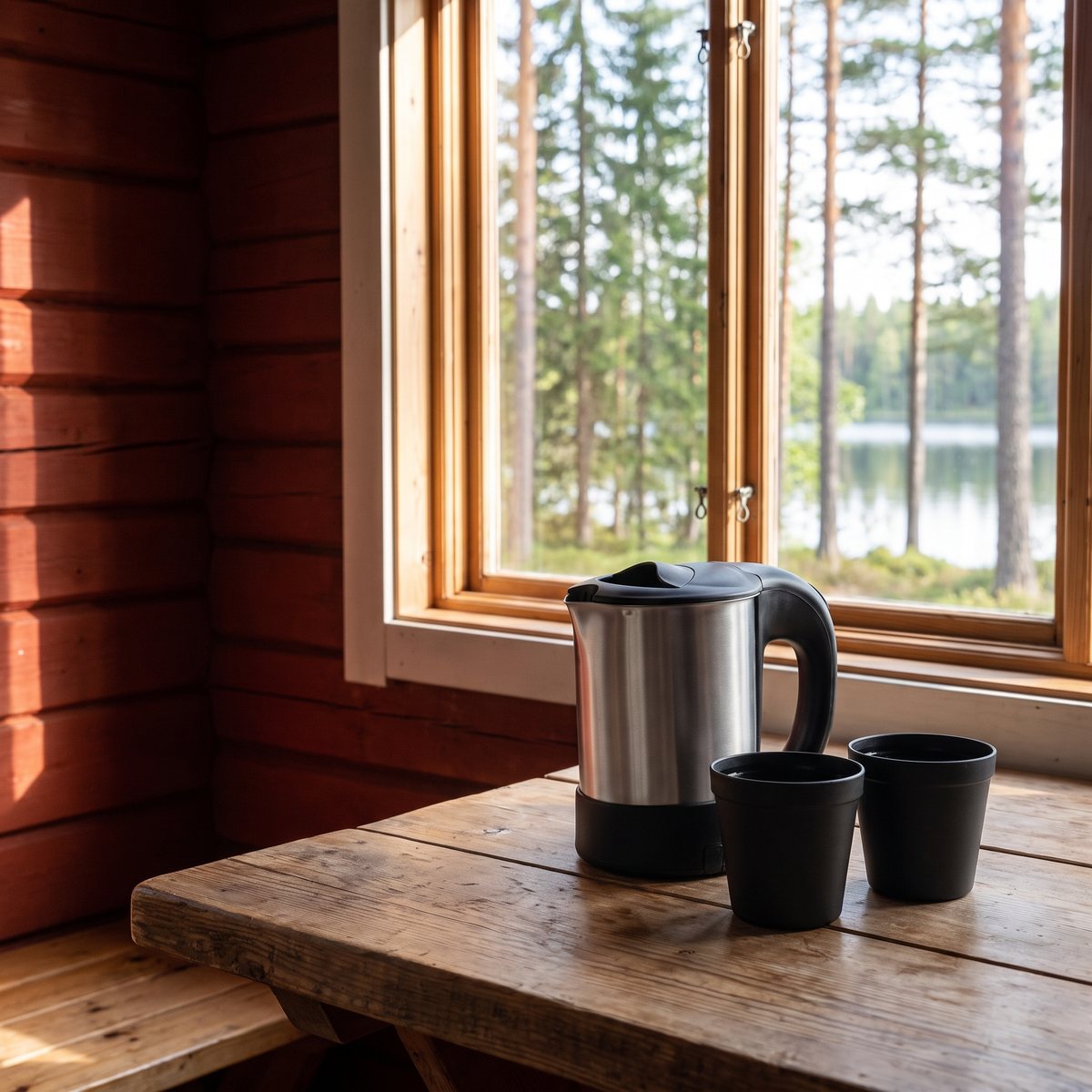 Wilfa Mini Boil resevattenkokare med två koppar på ett träbord i en svensk stuga vid en sjö