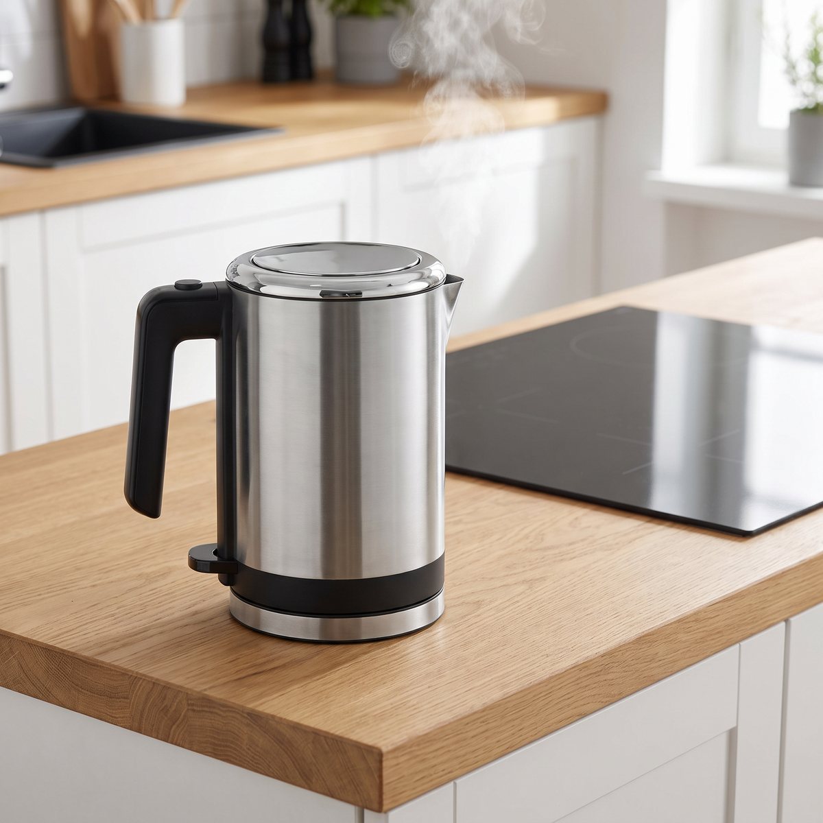 WMF KitchenMinis vattenkokare i borstat rostfritt stål på en köksbänk av ek bredvid en induktionshäll i ett svenskt kök