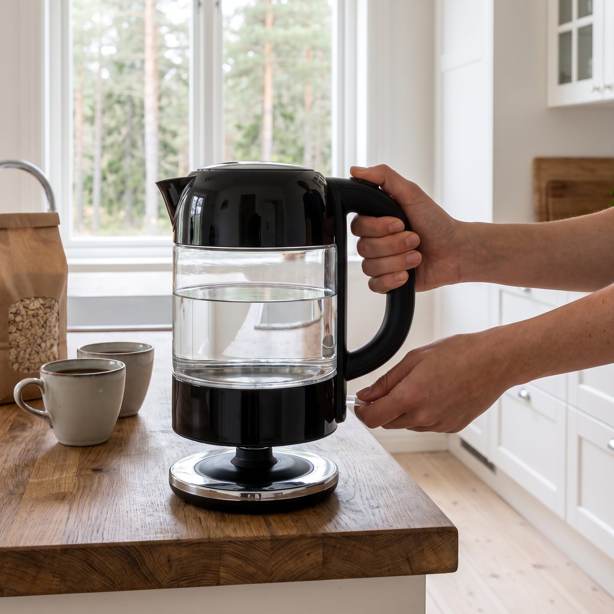 Bosch TWK70B03 svart vattenkokare i glas på en träbänk i ett svenskt kök