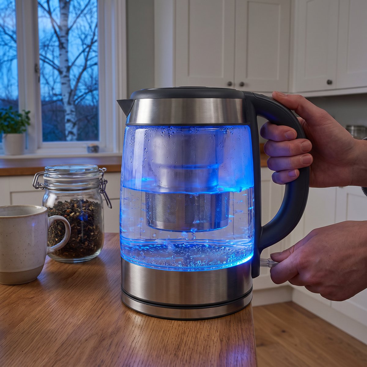 Russell Hobbs Clarity 20760-57 med blått ljus när vattnet kokar i ett svenskt kök