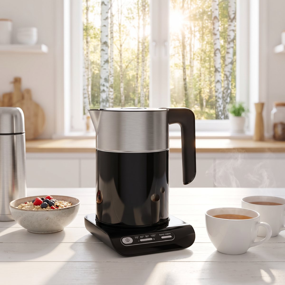 Bosch Styline TWK8613P vattenkokare på en vit köksbänk i ett svenskt kök på morgonen