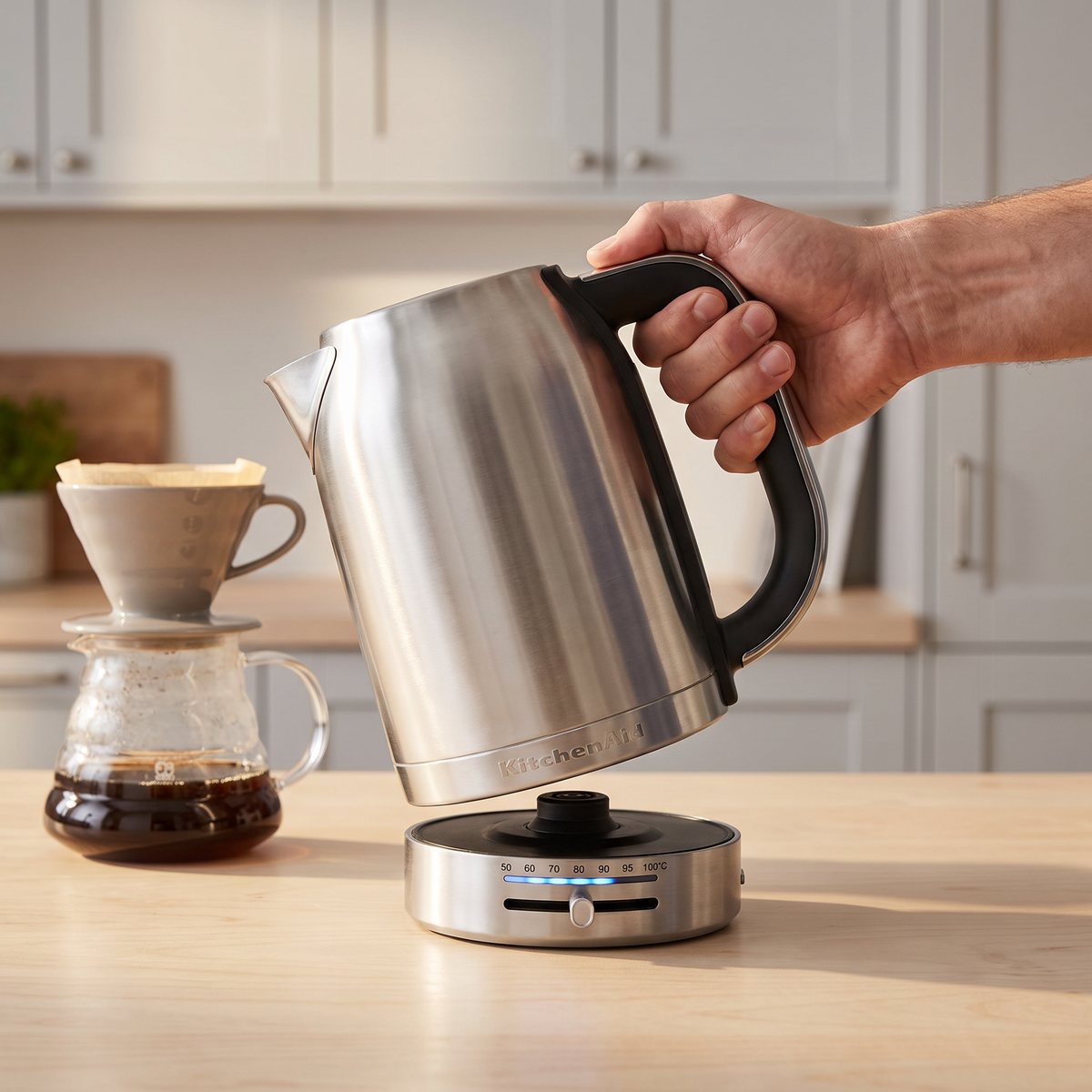 KitchenAid 5KEK1701 vattenkokare lyfts från sin bas på en köksbänk i ett svenskt hem