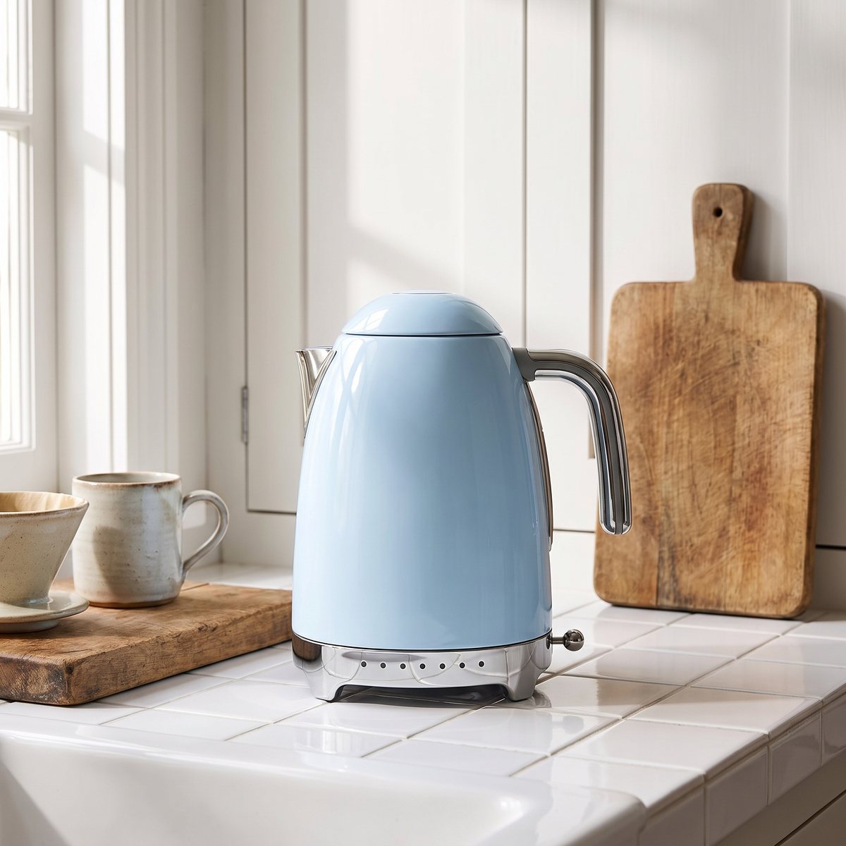 Smeg KLF04 i pastellblått på en kakelklädd köksbänk i ett svenskt kök