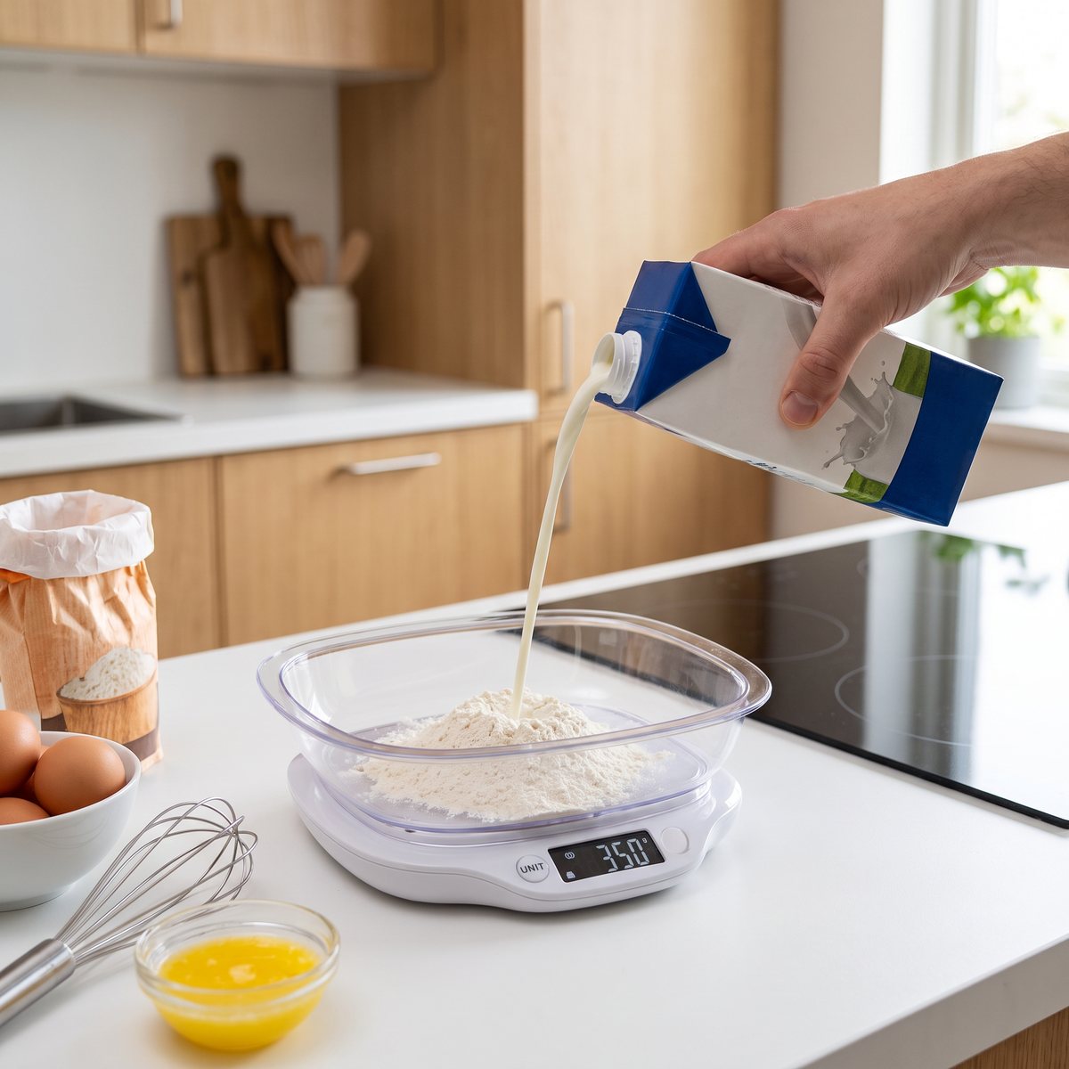 Blaupunkt FKS501 med plastbunke där mjölk hälls över mjöl till pannkakssmet, på en vit bänk i ett svenskt kök med induktionshäll