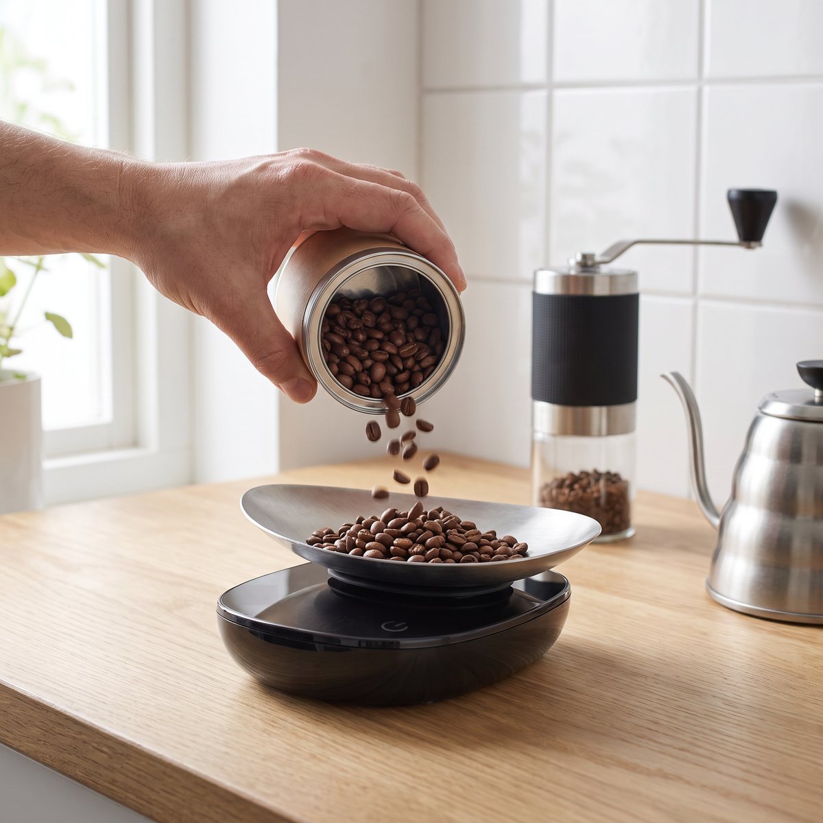 Caso FinoCompact med borstad stålskål där kaffebönor hälls i, bredvid en kaffekvarn på en träbänk i ett svenskt kök