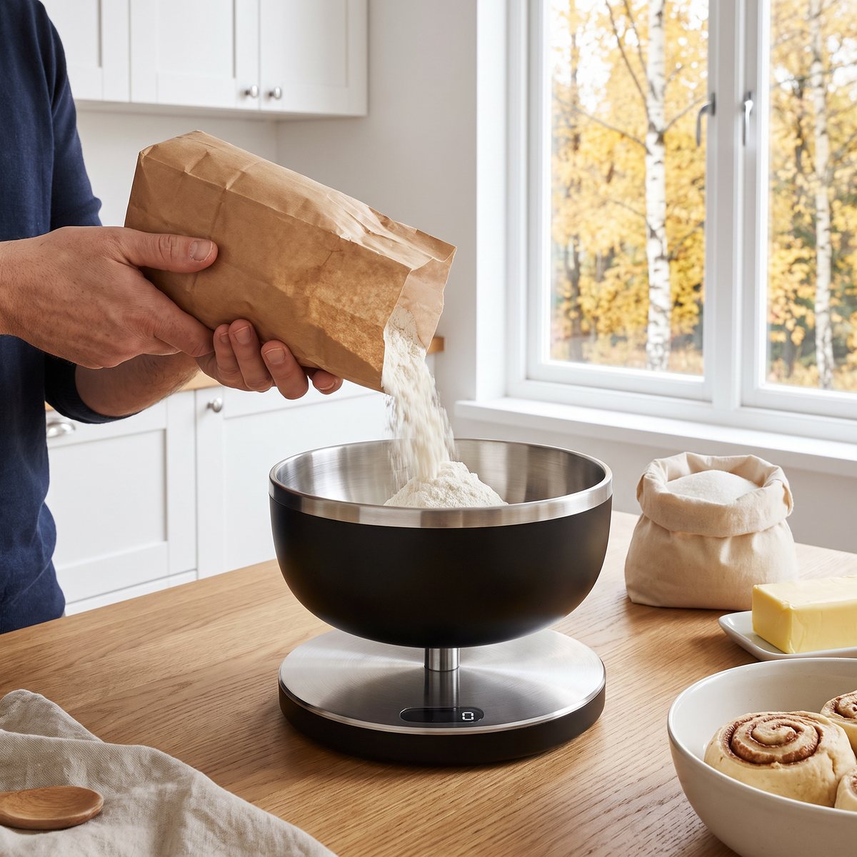 Smeg digital köksvåg med rostfri skål där vetemjöl hälls i, på en ekbänk i ett ljust svenskt kök med björkar utanför fönstret