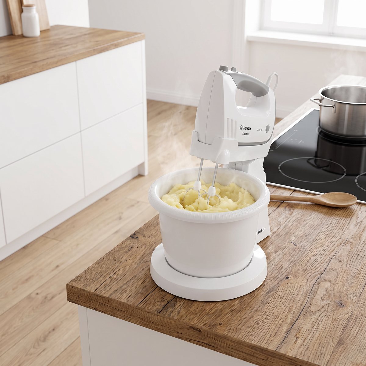 Bosch ErgoMixx på stativ som mixar potatismos i vit skål i ett svenskt kök