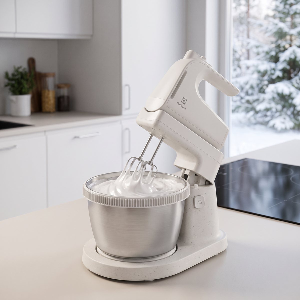 Electrolux Mattino på stativ som vispar maräng i stålskål i ett svenskt kök på vintern