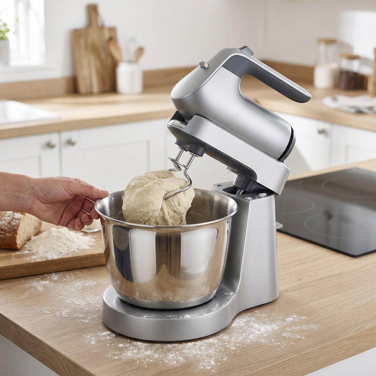 Kenwood Chefette på stativ som knådar brödsmet i stålskål i ett svenskt kök