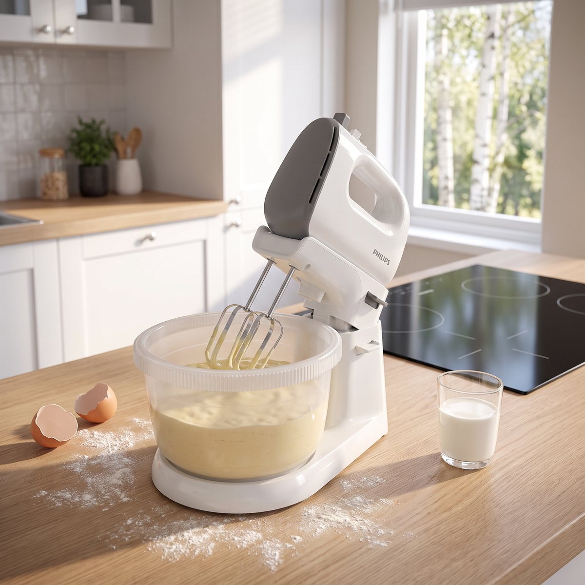 Philips elvisp på stativ som vispar smet i skålen i ett svenskt kök med induktionshäll