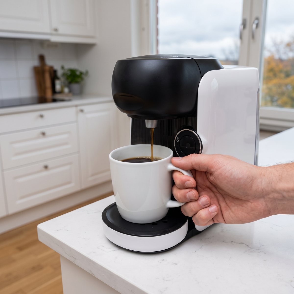 Vit Bosch Tassimo Finesse som brygger svart kaffe i en vit mugg på en stenbänk i ett svenskt lägenhetskök