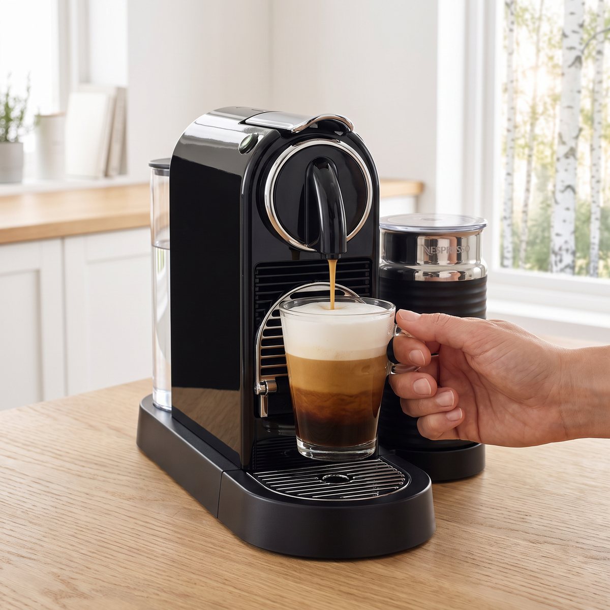 Nespresso CitiZ & Milk i svart med Aeroccino-skummare brygger en latte macchiato i ett ljust svenskt kök med björkar utanför fönstret