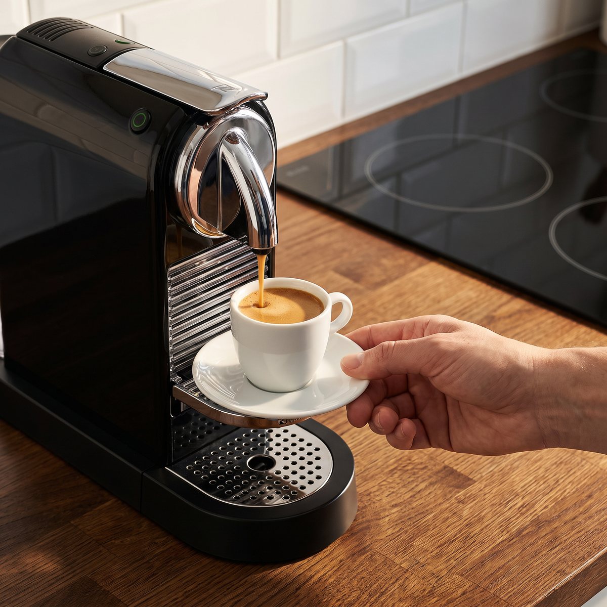 Nespresso CitiZ i svart och krom brygger en espresso i en vit kopp på en ekbänk bredvid en induktionshäll i ett svenskt kök