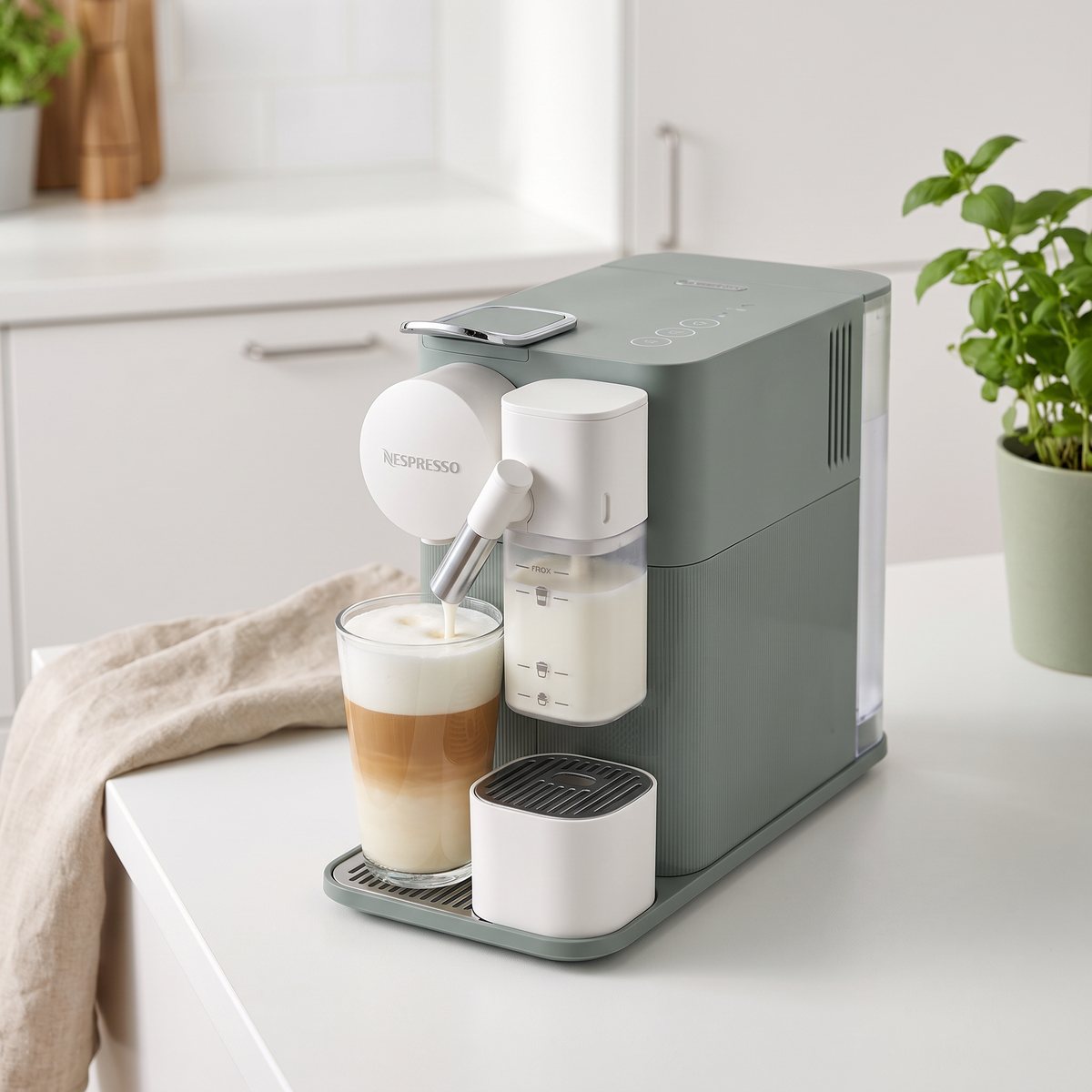 Nespresso Lattissima One i grågrönt gör en latte macchiato med mjölk från den vita mjölkbehållaren i ett ljust svenskt kök