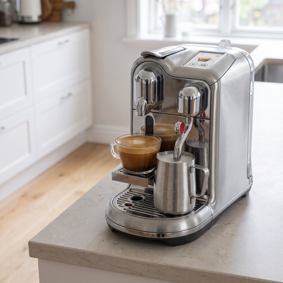 Sage Creatista Pro i borstat stål skummar mjölk i stålkannan bredvid en cappuccino på en stenbänk i ett svenskt kök