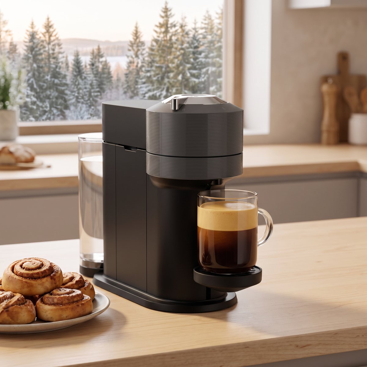 Nespresso Vertuo Next i svart och grått fyller en stor glasmugg med kaffe i ett svenskt kök med kanelbullar och snöig granskog utanför
