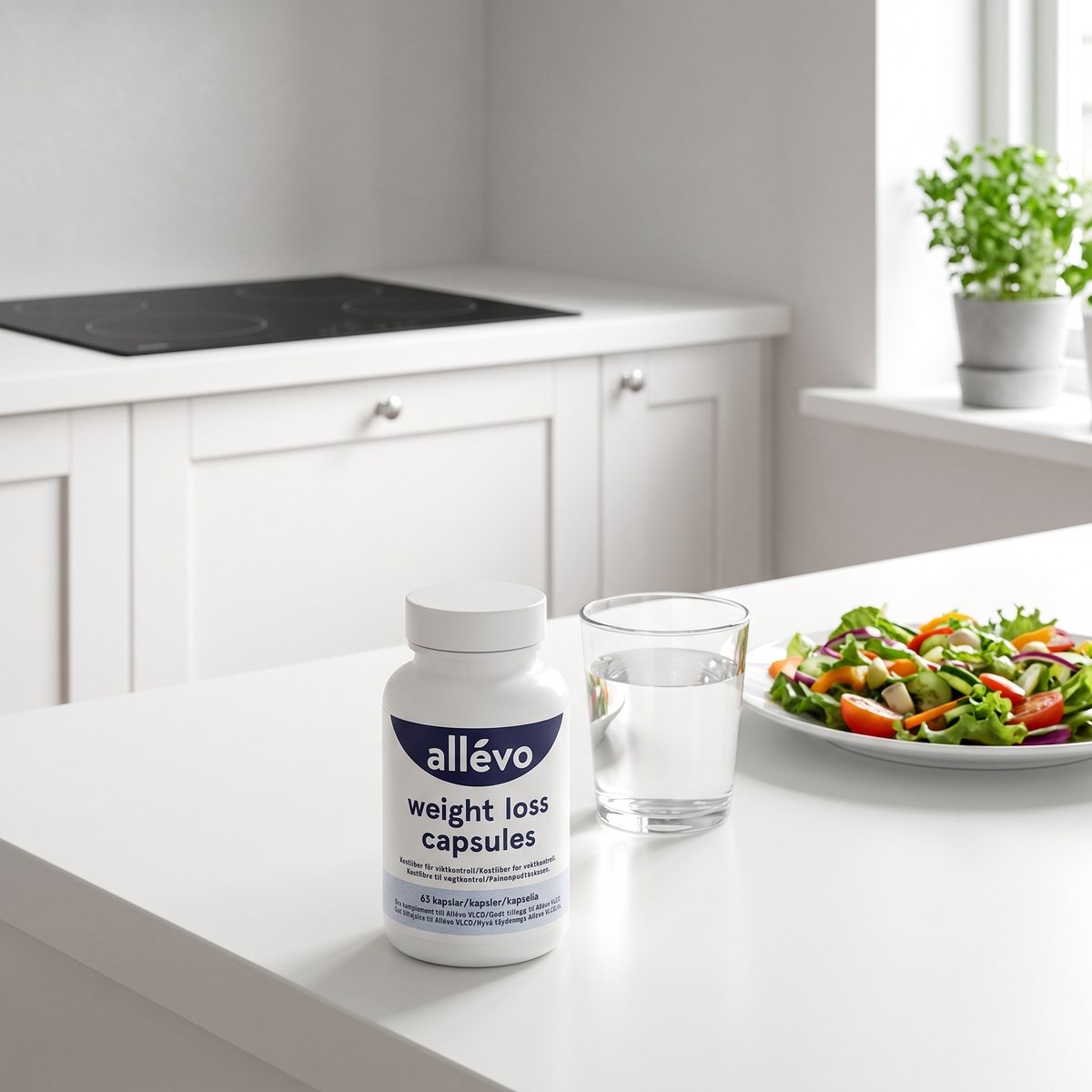 Burk med Allévo Weight Loss Capsules på en vit köksbänk bredvid vatten och sallad i ett svenskt kök