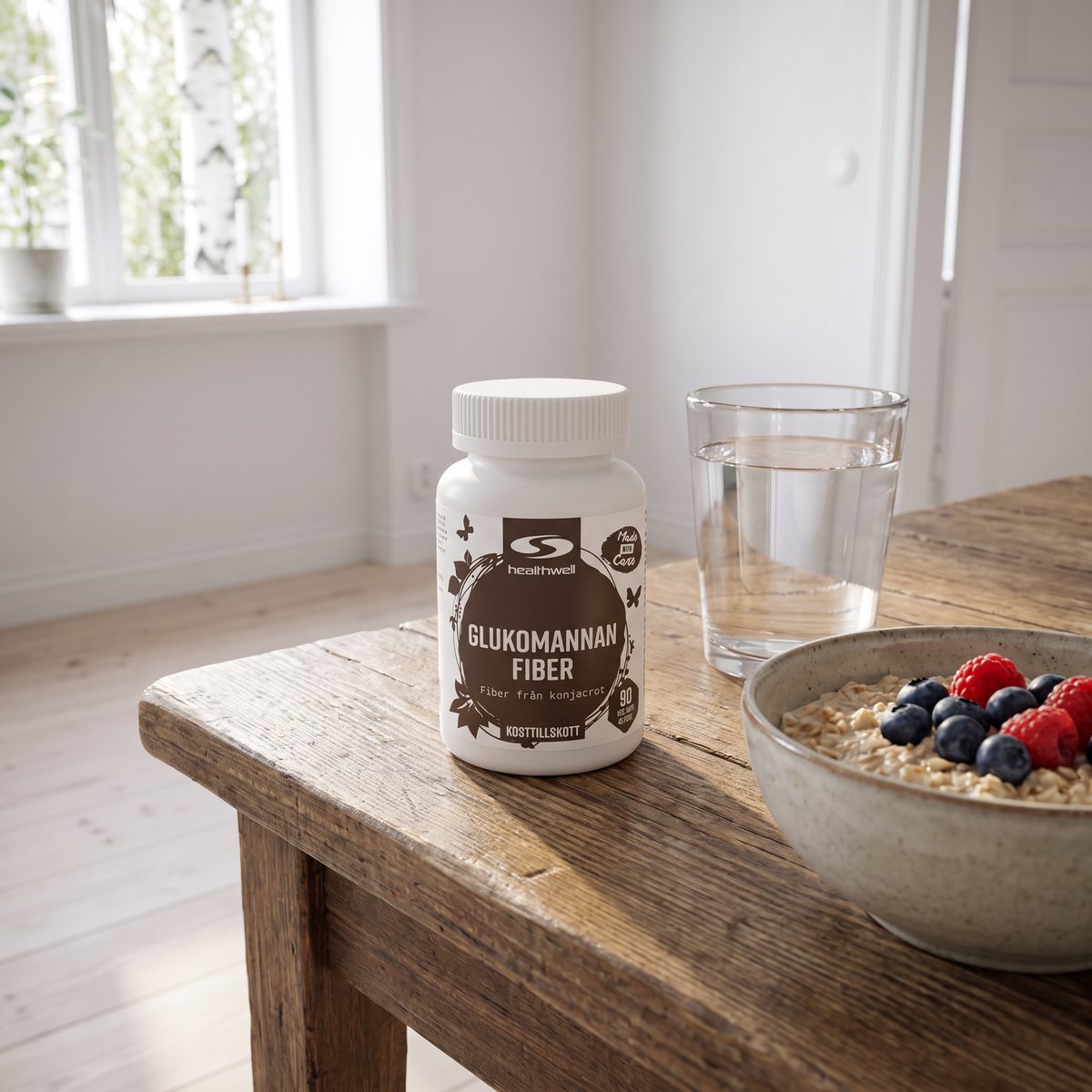 Burk med Healthwell Glukomannan Fiber vid ett frukostbord med vatten och havregrynsgröt i en svensk lägenhet