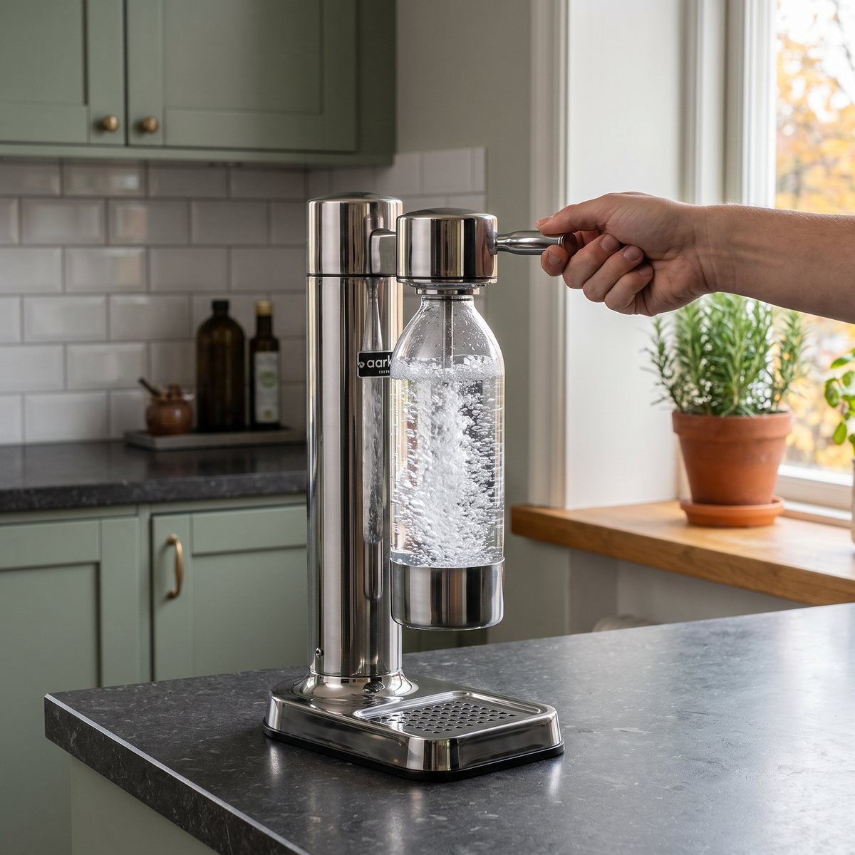 Blank Aarke Carbonator 3 i rostfritt stål där en hand drar i spaken, på en mörk stenbänk i ett svenskt kök med gröna luckor