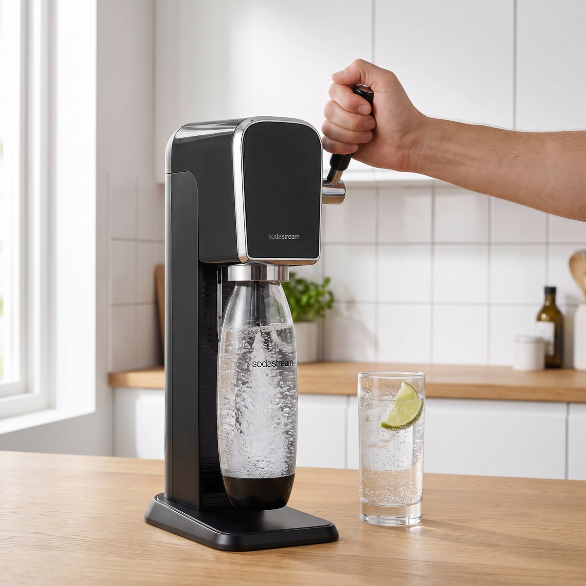 Sodastream Art i svart med handtaget nedtryckt och bubblande vatten i flaskan, på en ekbänk i ett ljust svenskt kök