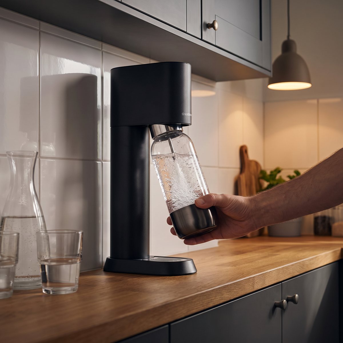 Matt svart Sodastream Ensō tätt intill kakelväggen på en smal köksbänk, en hand tar ut den kolsyrade flaskan