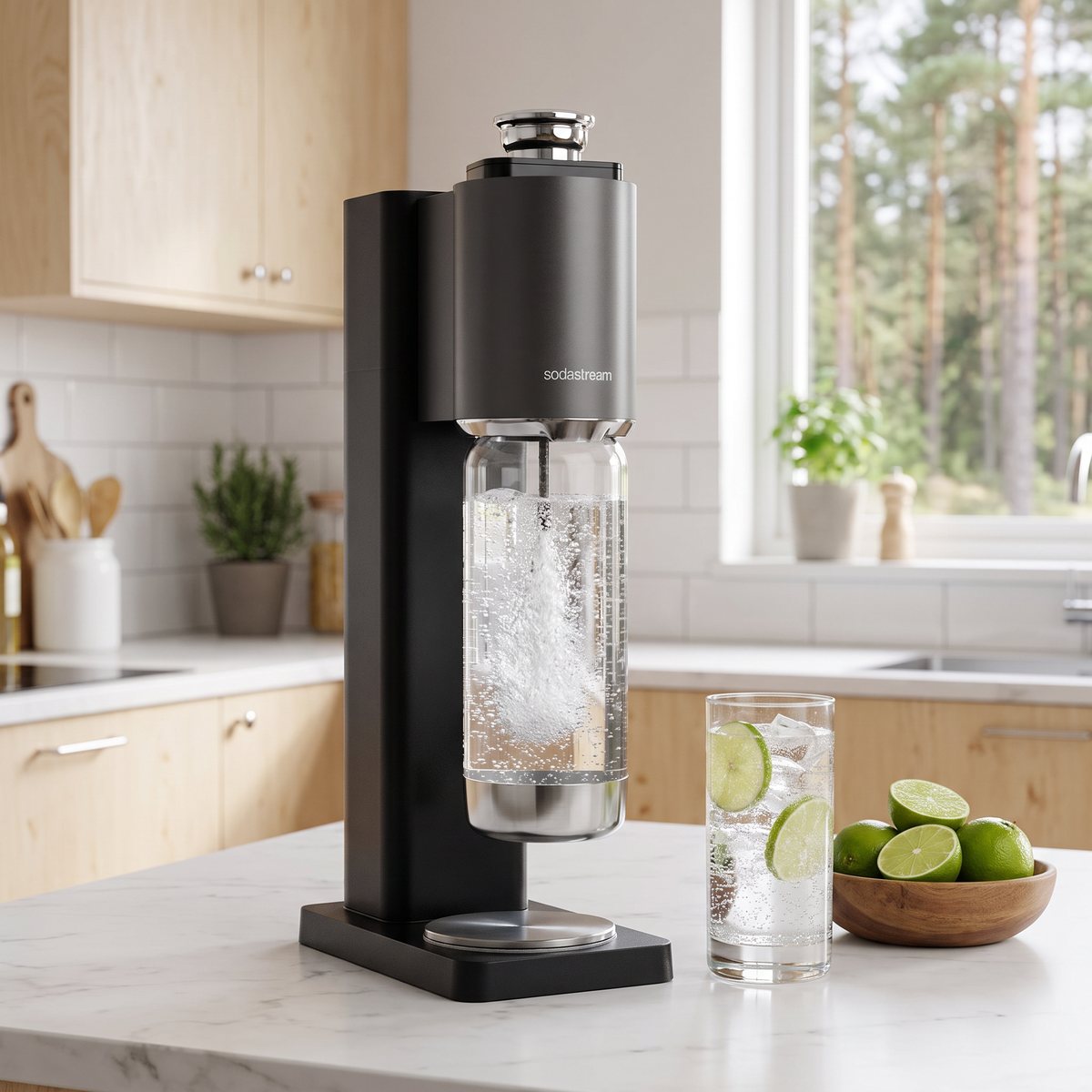 Sodastream Fresh Plus med kolsyrat vatten i flaskan med stålbotten, bredvid ett glas med lime i ett ljust svenskt kök