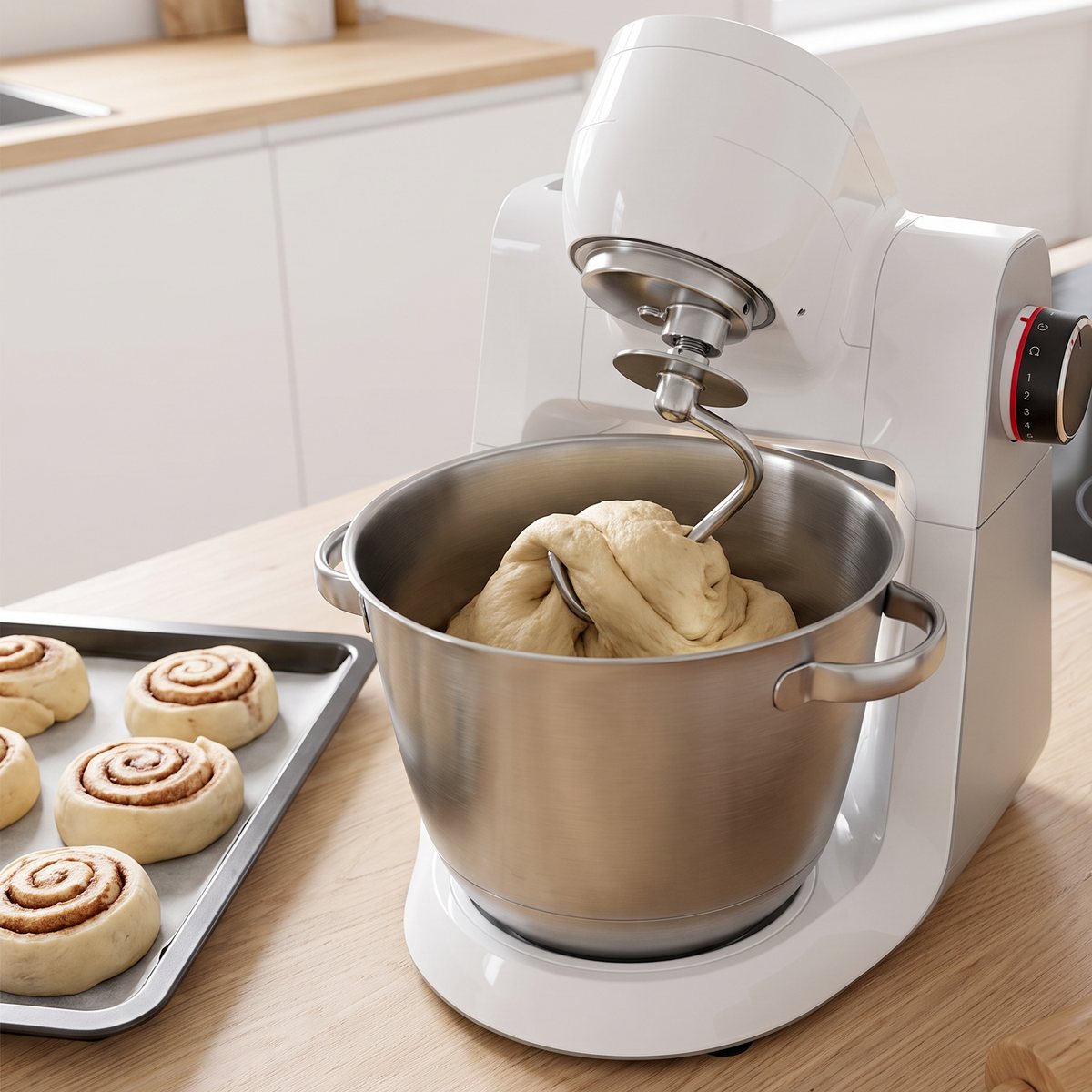 Vit Bosch Serie 6 MUMS6EW18 knådar bulldeg i stålskålen bredvid en plåt med kanelbullar i ett ljust svenskt kök